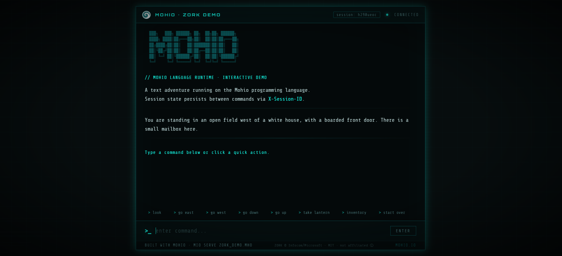 Zork running in Mohio — West of House